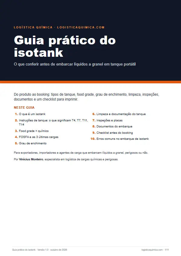 Capa do Guia prático do isotank: o que conferir antes de embarcar líquidos a granel em tanque portátil, com o sumário dos 10 capítulos.